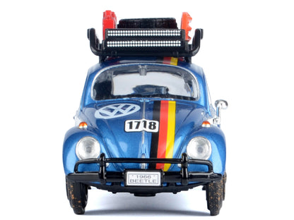 1966 Volkswagen Beetle Off Road #1718 Blue Metallic and White with German Flag Stripes and Roof Rack Accessories 1/24 Diecast Model Car by Motormax