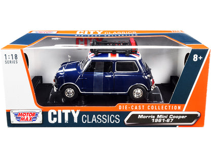 1961-1967 Morris Mini Cooper RHD (Right Hand Drive) Dark Blue with British Flag on the Top and Roof Rack "City Classics" Series 1/18 Diecast Model Car by Motormax <h2>1961-1967 Motormax</h2> <p>High-q