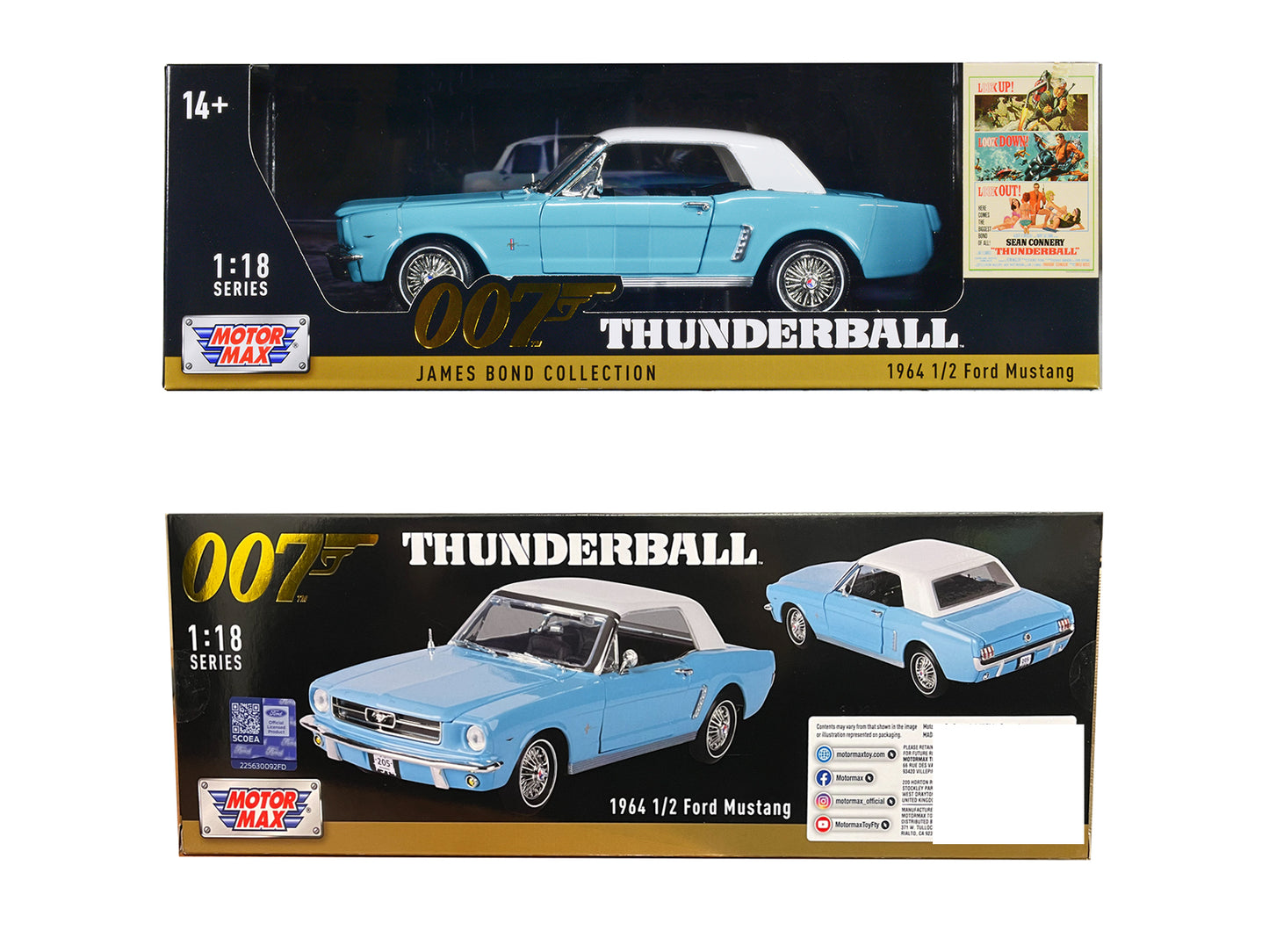 1964 1/2 Ford Mustang Light Blue with White Top James Bond 007 "Thunderball" (1965) Movie "James Collection" Series 1/18 Diecast Model Car by Motormax <h2>1964 Motormax</h2> <p>High-quality perfect fo