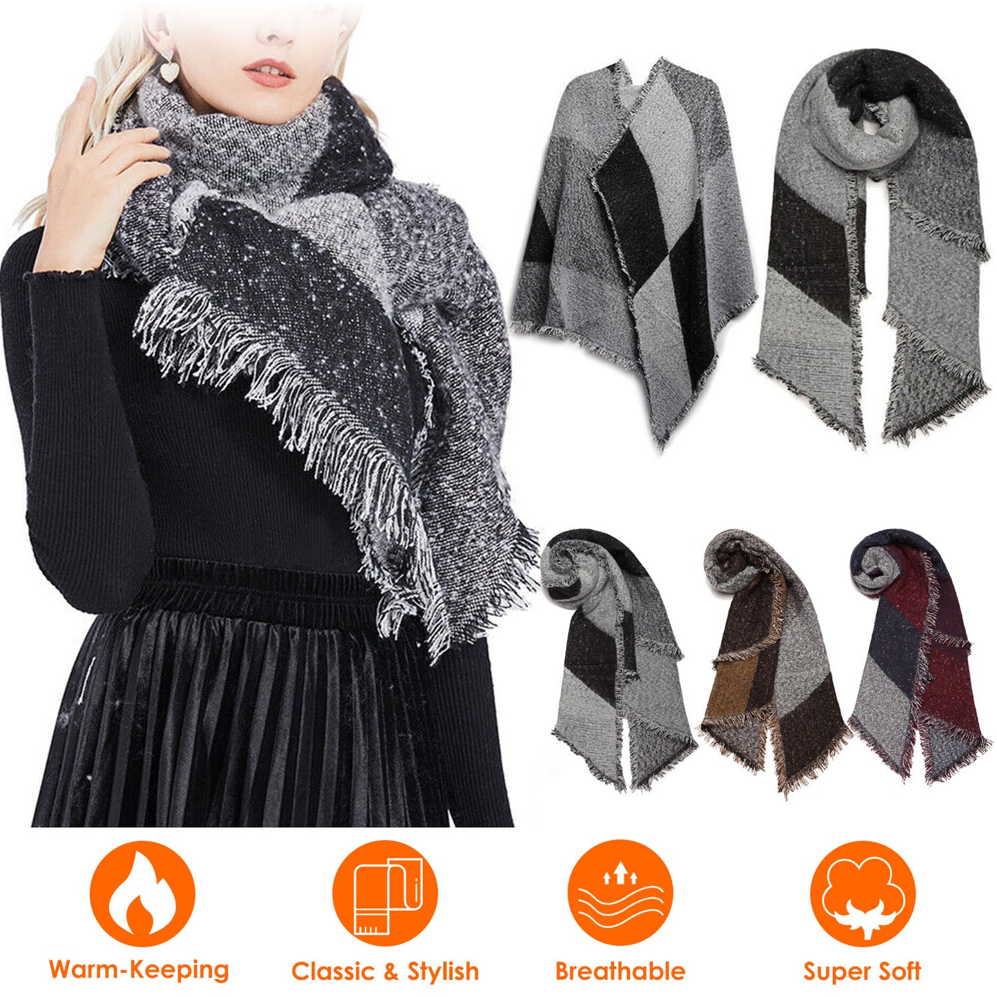 Women Winter Warm Scarf 74.8X25.6In Long Soft Knitted Shawl Extra Thick Plaid B