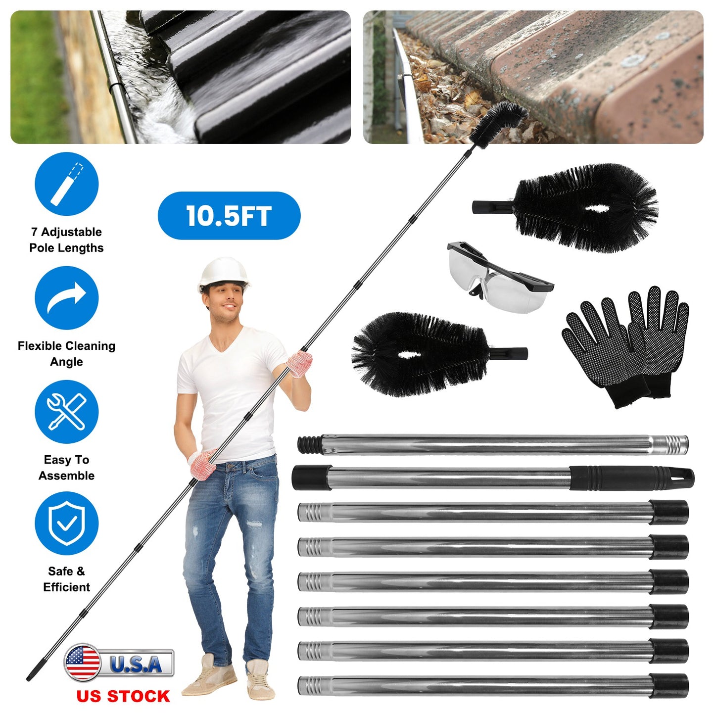 10.5Ft Gutter Cleaning Brush With Telescoping Handle Rain Cleaner Extendable To