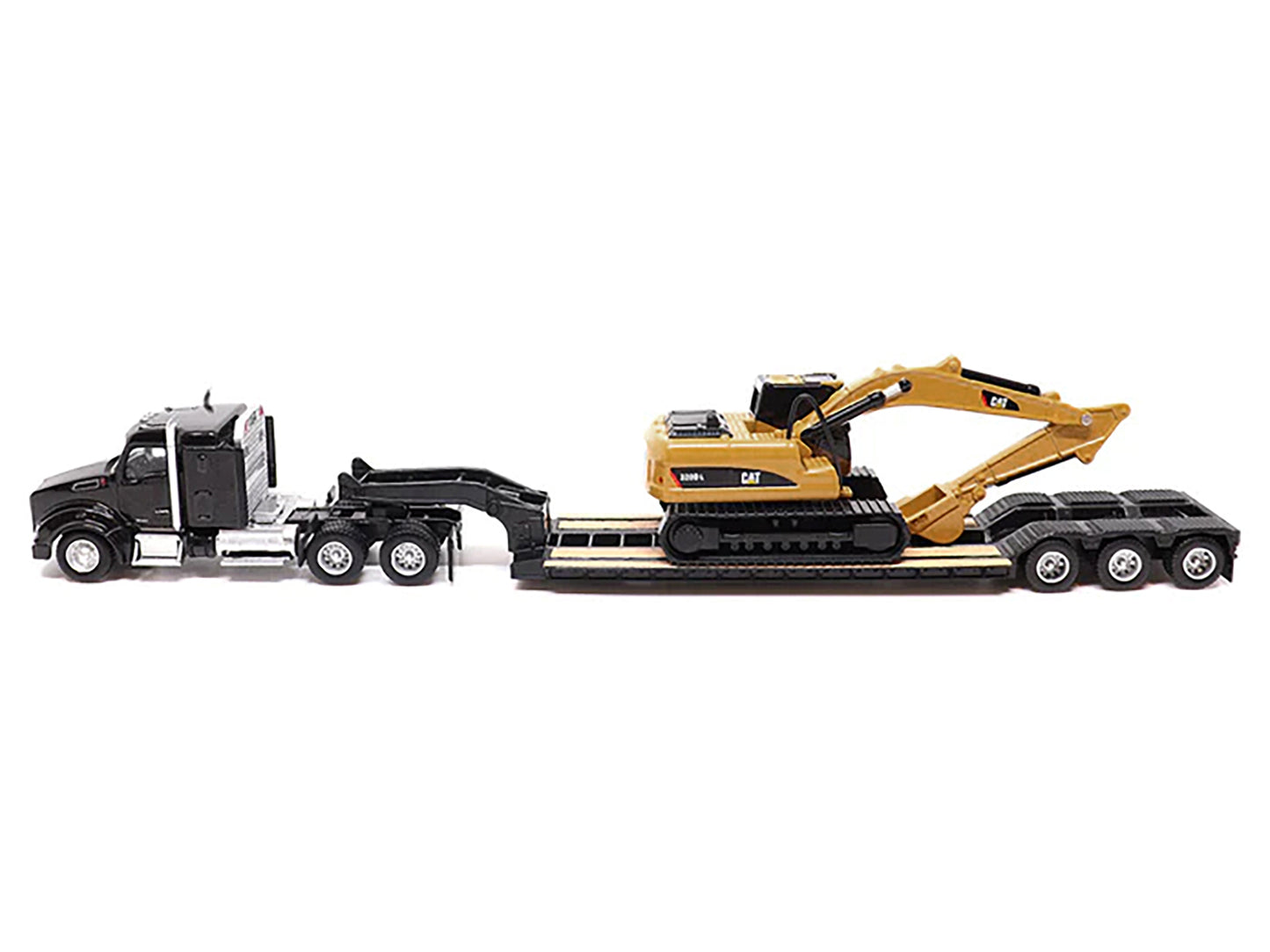 Kenworth T880 SBFS Sleeper Tandem Tractor Black with Lowboy Trailer and CAT 320D L Hydraulic Excavator Yellow 1/87 (HO) Diecast Model by Masters <h2>Kenworth Masters</h2> <p>High-quality car perfect f