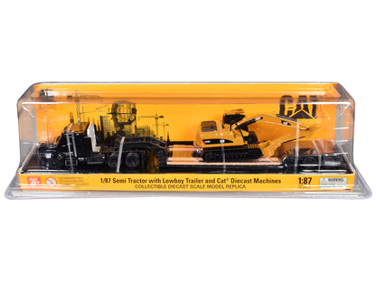 Kenworth T880 SBFS Sleeper Tandem Tractor Black with Lowboy Trailer and CAT 320D L Hydraulic Excavator Yellow 1/87 (HO) Diecast Model by Diecast Masters