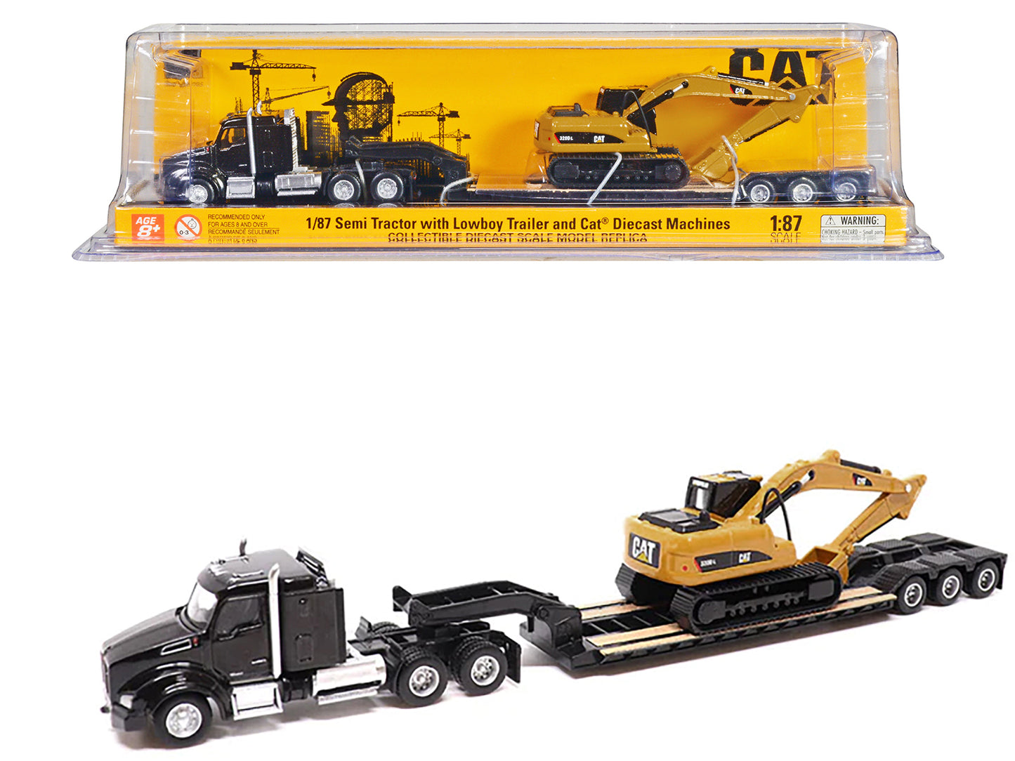 Kenworth T880 SBFS Sleeper Tandem Tractor Black with Lowboy Trailer and CAT 320D L Hydraulic Excavator Yellow 1/87 (HO) Diecast Model by Masters <h2>Kenworth Masters</h2> <p>High-quality car perfect f