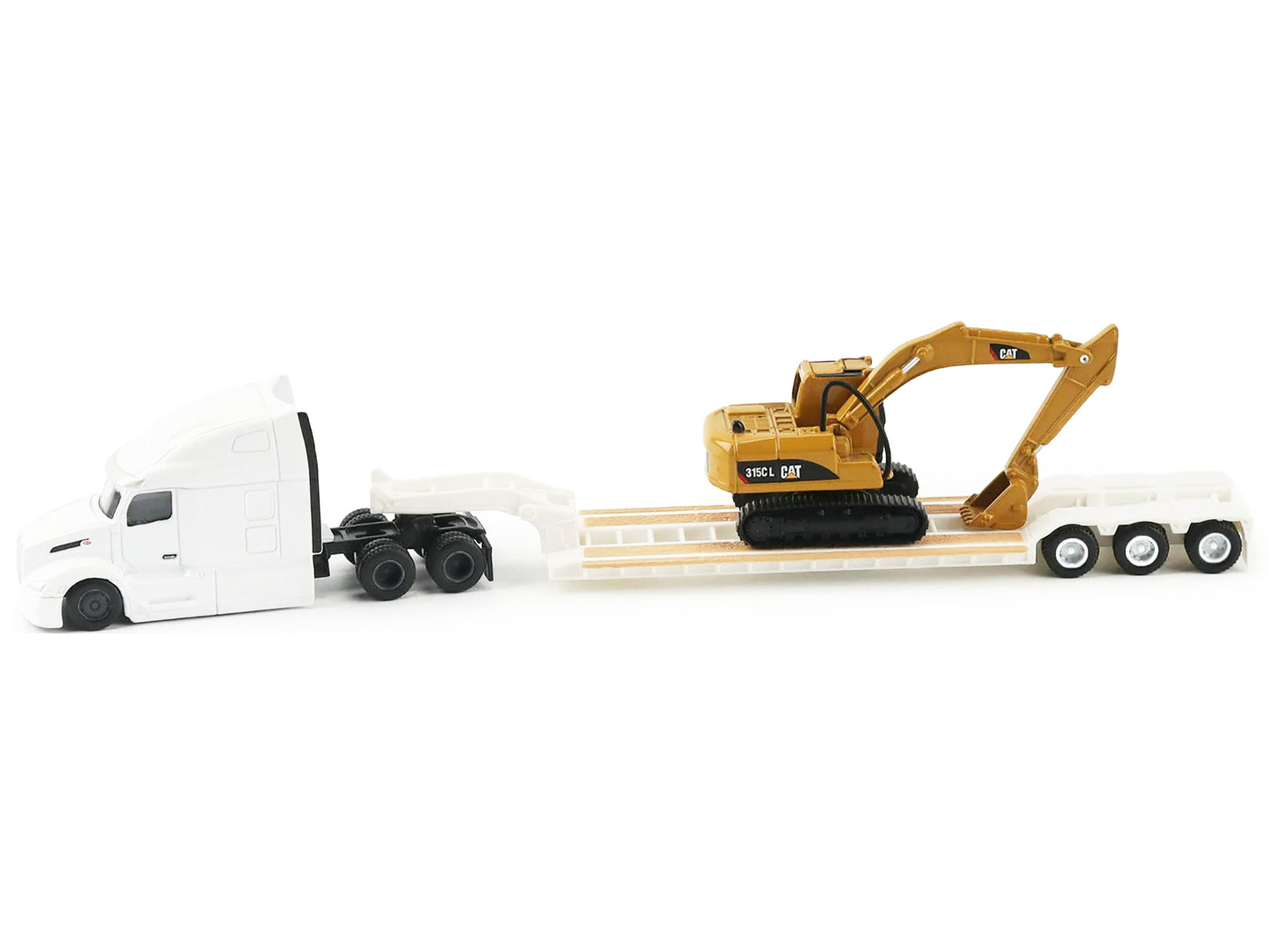 Peterbilt 579 Tractor White with Lowboy Trailer and CAT 315C Excavator Yellow 1/87 (HO) Diecast Model by Masters <h2>Peterbilt Masters</h2> <p>High-quality car perfect for collectors enthusiasts. Feat