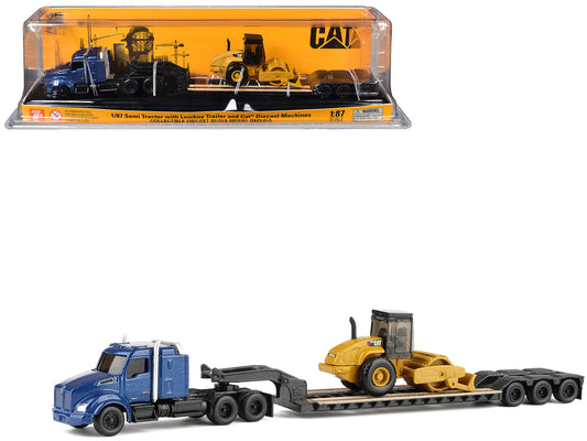 Kenworth T880 Tractor Blue Metallic with Lowboy Trailer and CAT Padfoot Roller Yellow 1/87 (HO) T&y Diecast Model by T&y Diecast Masters
