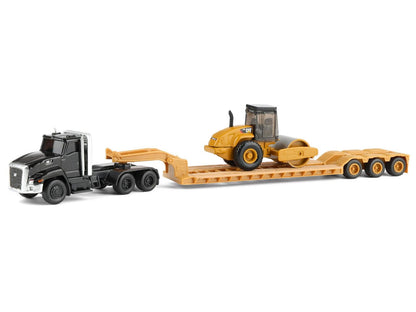 Kenworth T880 Tractor Black with Lowboy Trailer and CAT Roller Yellow 1/87 (HO) Diecast Model by Masters <h2>Kenworth Masters</h2> <p>High-quality car perfect for collectors enthusiasts. Features deta