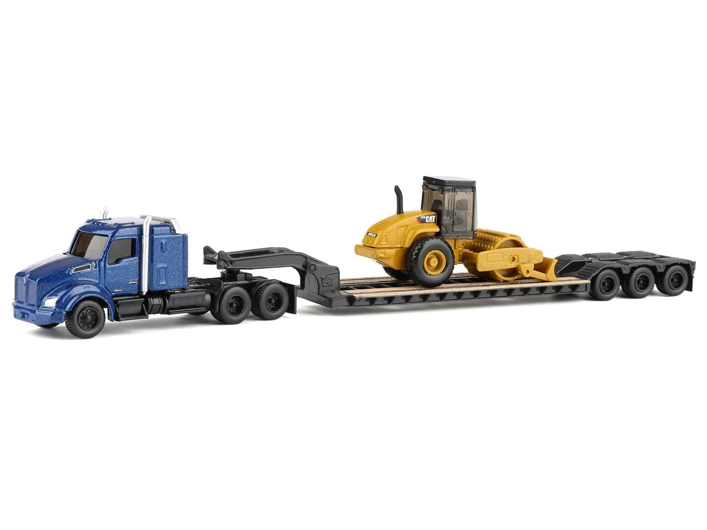 Kenworth T880 Tractor Blue Metallic with Lowboy Trailer and CAT Padfoot Roller Yellow 1/87 (HO) Diecast Model by Masters <h2>Kenworth Masters</h2> <p>High-quality car perfect for collectors enthusiast