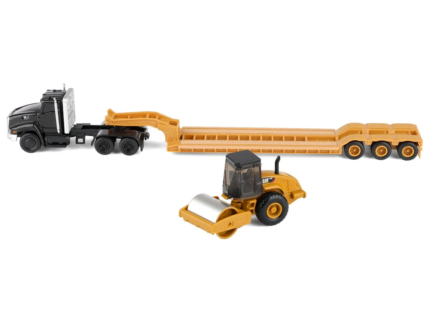 Kenworth T880 Tractor Black with Lowboy Trailer and CAT Roller Yellow 1/87 (HO) Diecast Model by Masters <h2>Kenworth Masters</h2> <p>High-quality car perfect for collectors enthusiasts. Features deta