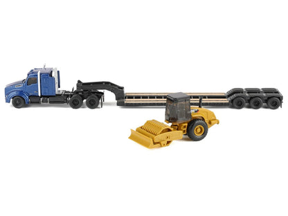 Kenworth T880 Tractor Blue Metallic with Lowboy Trailer and CAT Padfoot Roller Yellow 1/87 (HO) Diecast Model by Masters <h2>Kenworth Masters</h2> <p>High-quality car perfect for collectors enthusiast