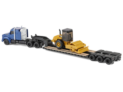 Kenworth T880 Tractor Blue Metallic with Lowboy Trailer and CAT Padfoot Roller Yellow 1/87 (HO) Diecast Model by Masters <h2>Kenworth Masters</h2> <p>High-quality car perfect for collectors enthusiast