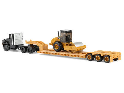 Kenworth T880 Tractor Black with Lowboy Trailer and CAT Roller Yellow 1/87 (HO) Diecast Model by Masters <h2>Kenworth Masters</h2> <p>High-quality car perfect for collectors enthusiasts. Features deta