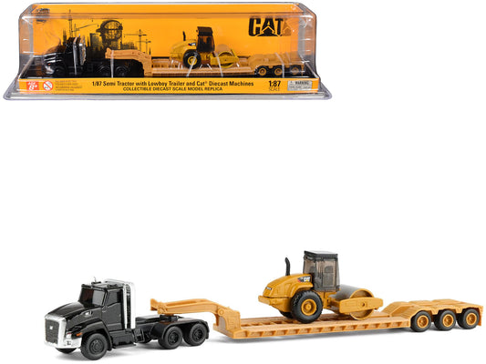 Kenworth T880 Tractor Black with Lowboy Trailer and CAT Roller Yellow 1/87 (HO) T&y Diecast Model by T&y Diecast Masters