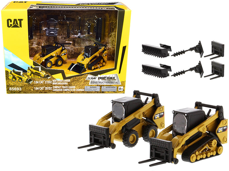 Set of 2 pieces CAT Caterpillar 272D2 Skid Steer Loader and 297D2 Compact Track with Accessories 1/64 Diecast Models by Masters <h2>Set Masters</h2> <p>High-quality model car perfect for collectors en