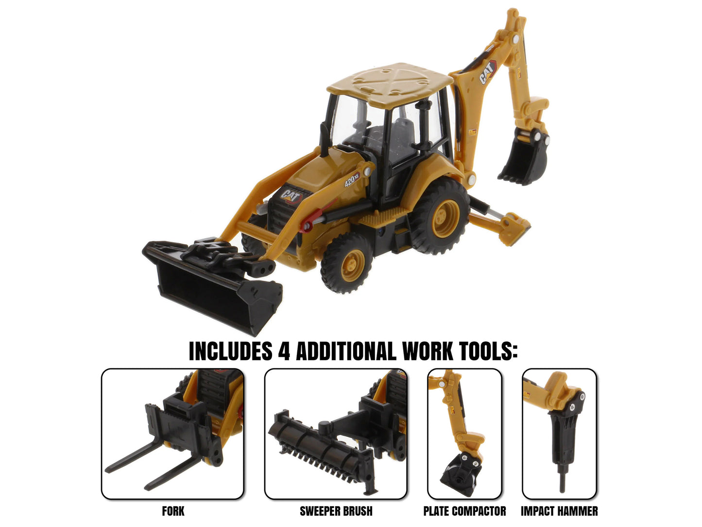 CAT Caterpillar 420 XE Backhoe Loader with Work Tools Yellow 1/64 Diecast Model by Masters <h2>CAT Masters</h2> <p>High-quality car perfect for collectors and enthusiasts. Features detailed interior e