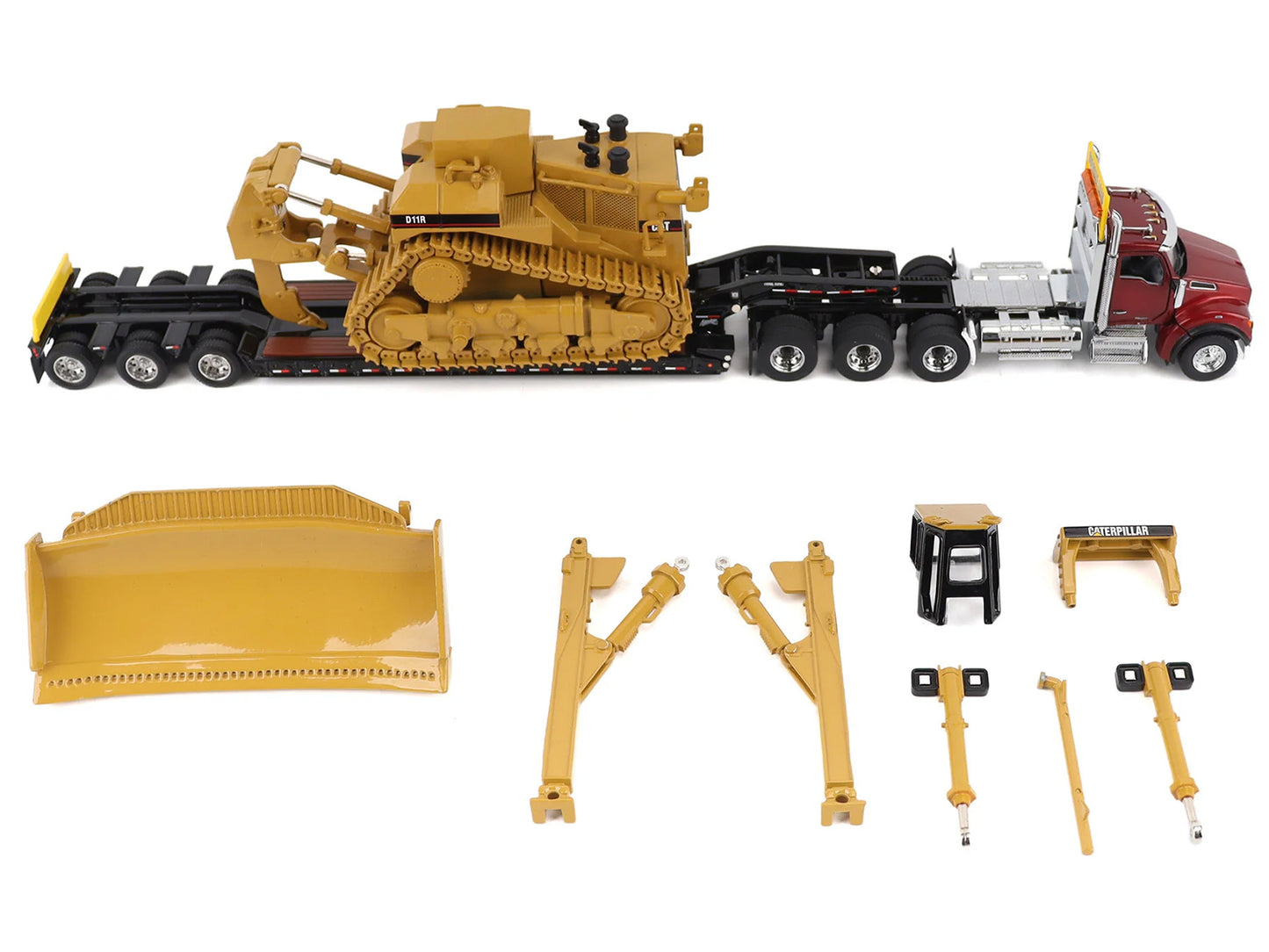 Kenworth T880 Day Cab Red and Trail King TK120 Lowboy Trailer with CAT Caterpillar D11R Dozer Components Load "Transport Series" 1/50 Diecast Model by Masters <h2>Kenworth Masters</h2> <p>High-quality