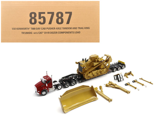 Kenworth T880 Day Cab Red and Trail King TK120 Lowboy Trailer with CAT Caterpillar D11R Dozer and Components Load "Transport Series" 1/50 T&y Diecast Model by T&y Diecast Masters