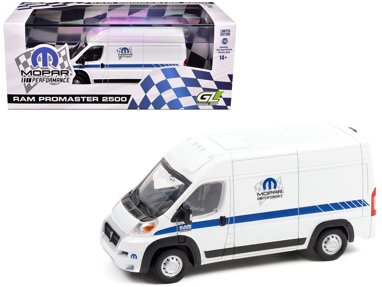 GreenLight 2018 RAM ProMaster 2500 Cargo High Roof Van "MOPAR Performance" White with Blue Stripes 1/43 Diecast Model Car by <h2>2018 Greenlight</h2> <p>High-quality perfect for collectors and enthusi