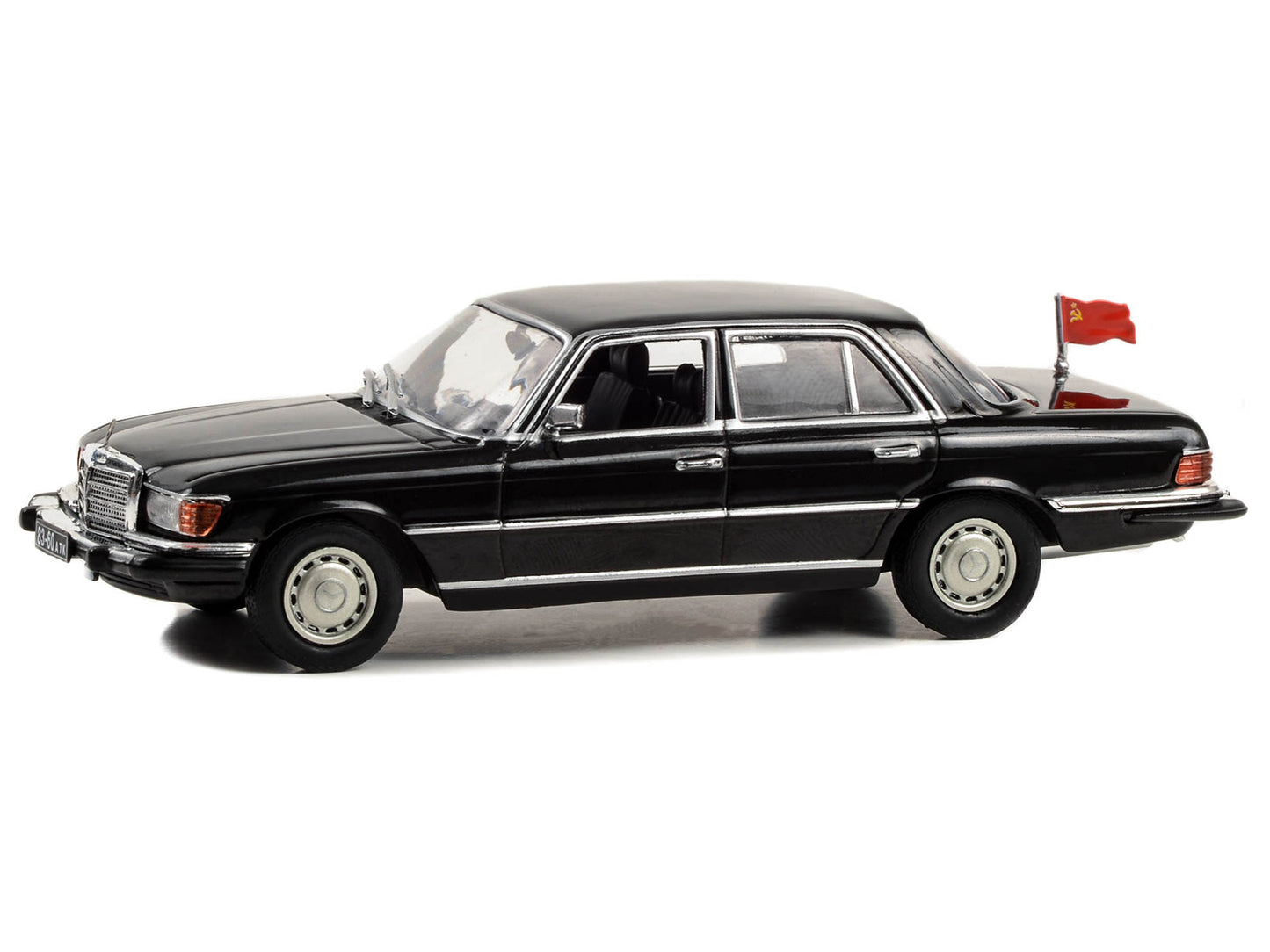 GreenLight 1977 Mercedes-Benz 450 SEL (W116) Black with Soviet Flag "Rocky IV" (1985) Movie 1/43 Diecast Model Car by <h2>1977 Greenlight</h2> <p>High-quality perfect for collectors and enthusiasts. F