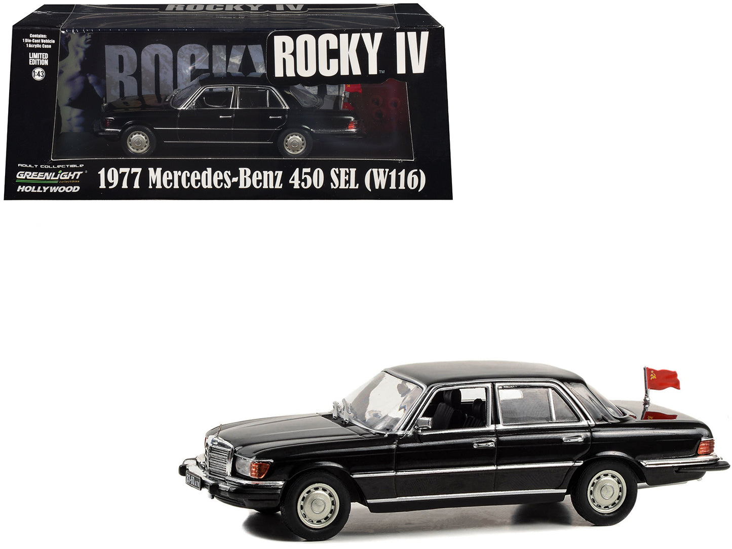 GreenLight 1977 Mercedes-Benz 450 SEL (W116) Black with Soviet Flag "Rocky IV" (1985) Movie 1/43 Diecast Model Car by <h2>1977 Greenlight</h2> <p>High-quality perfect for collectors and enthusiasts. F