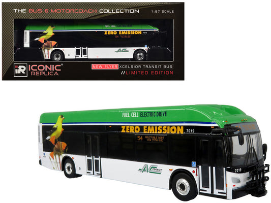 New Flyer Xcelsior XHE40 Transit Bus "AC Transit - Zero Emission" White and Green with Graphics "The Bus & Motorcoach Collection" Limited Edition 1/87 (HO) T&y Diecast Model by Iconic Replicas