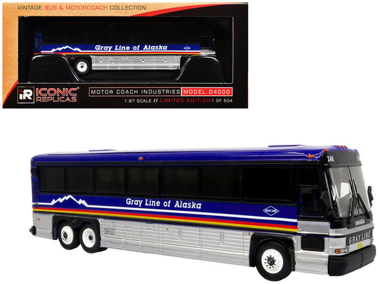 2001 MCI D4000 Coach Bus "Gray Line of Alaska" Dark Blue with Stripes "Vintage Bus & Motorcoach Collection" Limited Edition to 504 pieces Worldwide 1/87 (HO) T&y Diecast Model by Iconic Replicas