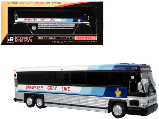 2001 MCI D4000 Coach Bus "Brewster Gray Line" White with Blue Stripes "Vintage Bus & Motorcoach Collection" Limited Edition to 504 pieces Worldwide 1/87 (HO) T&y Diecast Model by Iconic Replicas