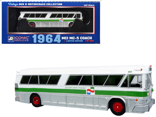 1964 MCI MC-5A Coach Bus "Golden Gate Transit" White with Green Stripes "Vintage Bus & Motorcoach Collection" Limited Edition to 504 pieces Worldwide 1/87 (HO) T&y Diecast Model by Iconic Replicas