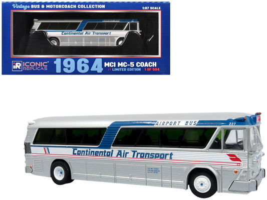 1964 MCI MC-5A Coach Bus "Continental Air Transport" Silver with Blue Stripes "Vintage Bus & Motorcoach Collection" Limited Edition to 504 pieces Worldwide 1/87 (HO) T&y Diecast Model by Iconic Replicas