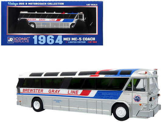 1964 MCI MC-5A Coach Bus "Brewster Gray Line" Silver with Blue and Red Stripes "Vintage Bus & Motorcoach Collection" Limited Edition to 504 pieces Worldwide 1/87 (HO) T&y Diecast Model by Iconic Replicas