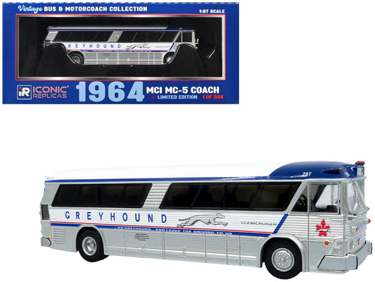 1964 MCI MC-5A Coach Bus "Greyhound Canada" White with Blue Stripes "Vintage Bus & Motorcoach Collection" Limited Edition to 504 pieces Worldwide 1/87 (HO) T&y Diecast Model by Iconic Replicas