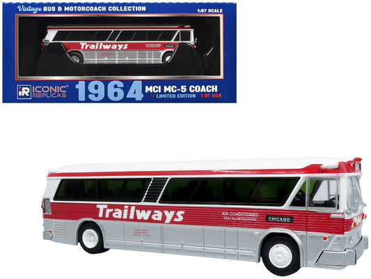 1964 MCI MC-5A Coach Bus "Trailways Chicago" White with Red Stripes "Vintage Bus & Motorcoach Collection" Limited Edition to 504 pieces Worldwide 1/87 (HO) T&y Diecast Model by Iconic Replicas