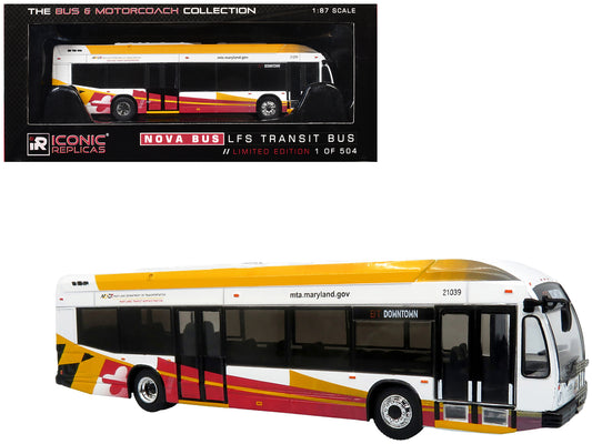 Nova Bus LFSH Hybrid Transit Bus "MTA Maryland" White with Red and Yellow Graphics "The Bus & Motorcoach Collection" Limited Edition to 504 pieces Worldwide 1/87 (HO) T&y Diecast Model by Iconic Replicas