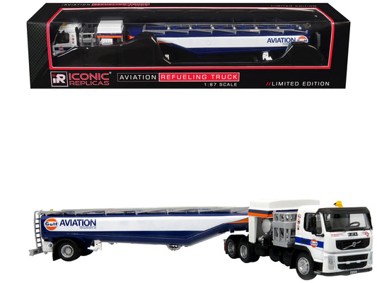 Volvo FM500 with Esterer Aviation Refueling Tanker Truck "Gulf Aviation" White with Blue Stripes Limited Edition 1/87 (HO) T&y Diecast Model by Iconic Replicas