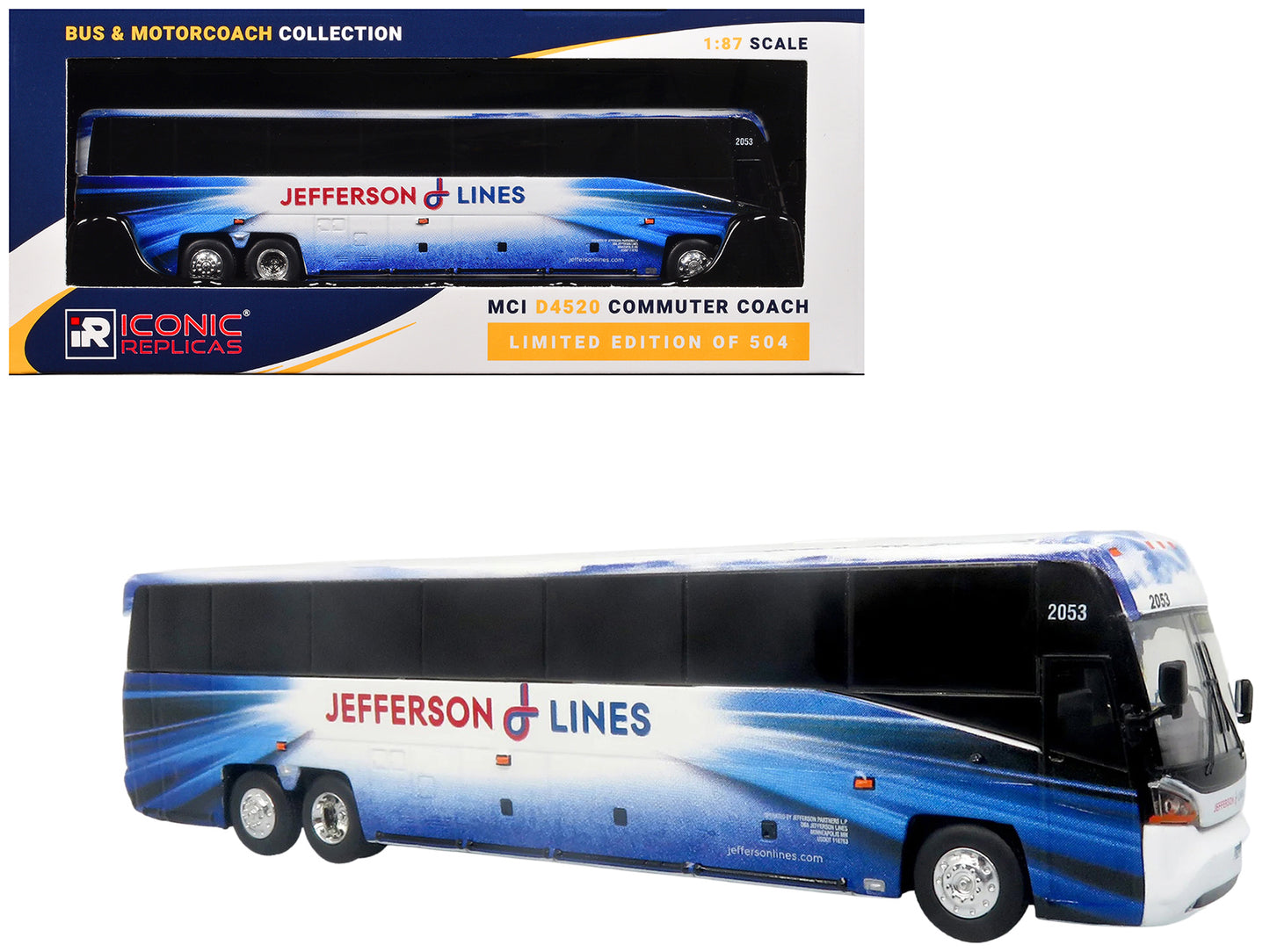 MCI D4520 Commuter Coach Bus "Jefferson Lines" White with Blue Graphics "The Bus & Motorcoach Collection" Limited Edition to 504 pieces Worldwide 1/87 (HO) Scale T&y Diecast Model by Iconic Replicas