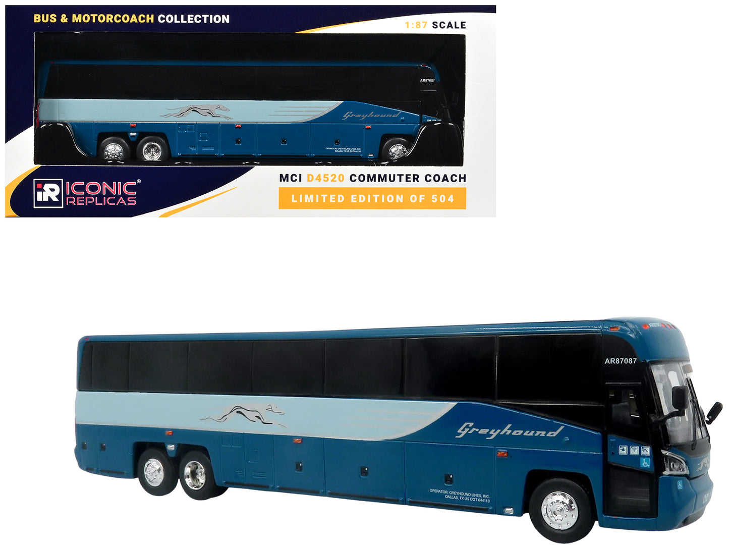MCI D4520 Commuter Coach Bus "Greyhound Lines" Blue with Light Blue Stripes "The Bus & Motorcoach Collection" Limited Edition to 504 pieces Worldwide 1/87 (HO) Scale T&y Diecast Model by Iconic Replicas