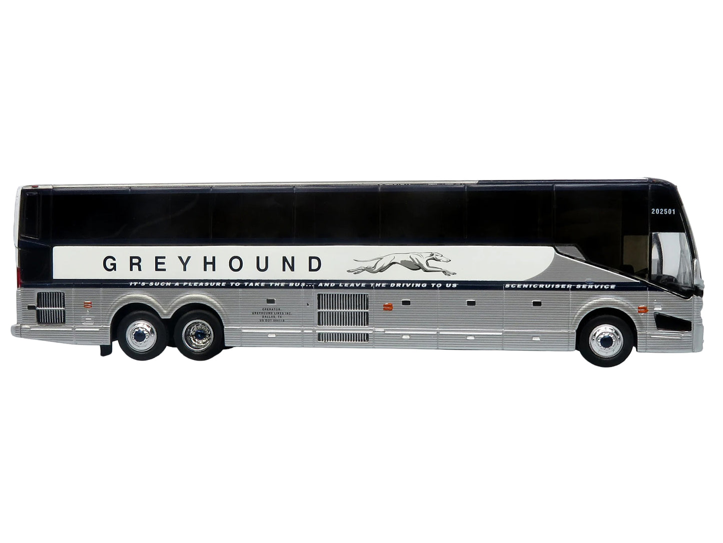 Prevost H3-45 Coach Bus "Greyhound Scenicruiser Service" White and Raw Metal "The Bus & Motorcoach Collection" Limited Edition to 504 pieces Worldwide 1/87 (HO) Scale T&y Diecast Model by Iconic Replicas
