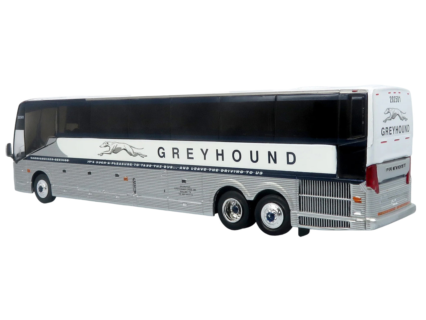 Prevost H3-45 Coach Bus "Greyhound Scenicruiser Service" White and Raw Metal "The Bus & Motorcoach Collection" Limited Edition to 504 pieces Worldwide 1/87 (HO) Scale T&y Diecast Model by Iconic Replicas