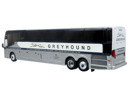 Prevost H3-45 Coach Bus "Greyhound Scenicruiser Service" White and Raw Metal "The Bus & Motorcoach Collection" Limited Edition to 504 pieces Worldwide 1/87 (HO) Scale T&y Diecast Model by Iconic Replicas