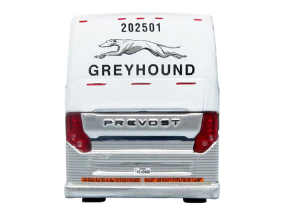 Prevost H3-45 Coach Bus "Greyhound Scenicruiser Service" White and Raw Metal "The Bus & Motorcoach Collection" Limited Edition to 504 pieces Worldwide 1/87 (HO) Scale T&y Diecast Model by Iconic Replicas