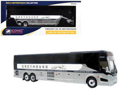 Prevost H3-45 Coach Bus "Greyhound Scenicruiser Service" White and Raw Metal "The Bus & Motorcoach Collection" Limited Edition to 504 pieces Worldwide 1/87 (HO) Scale T&y Diecast Model by Iconic Replicas