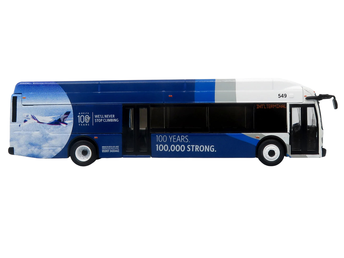 New Flyer Xcelsior XN40 Transit Bus "Delta Air Lines 100th Anniversary" Blue and White with Graphics "The Bus & Motorcoach Collection" Limited Edition 1/87 (HO) Scale T&y Diecast Model by Iconic Replicas