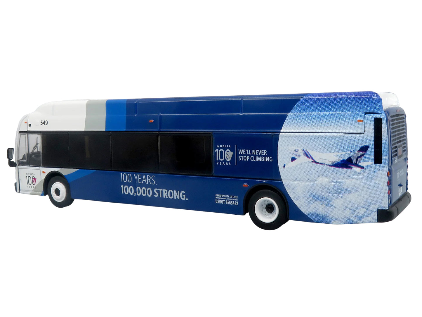 New Flyer Xcelsior XN40 Transit Bus "Delta Air Lines 100th Anniversary" Blue and White with Graphics "The Bus & Motorcoach Collection" Limited Edition 1/87 (HO) Scale T&y Diecast Model by Iconic Replicas