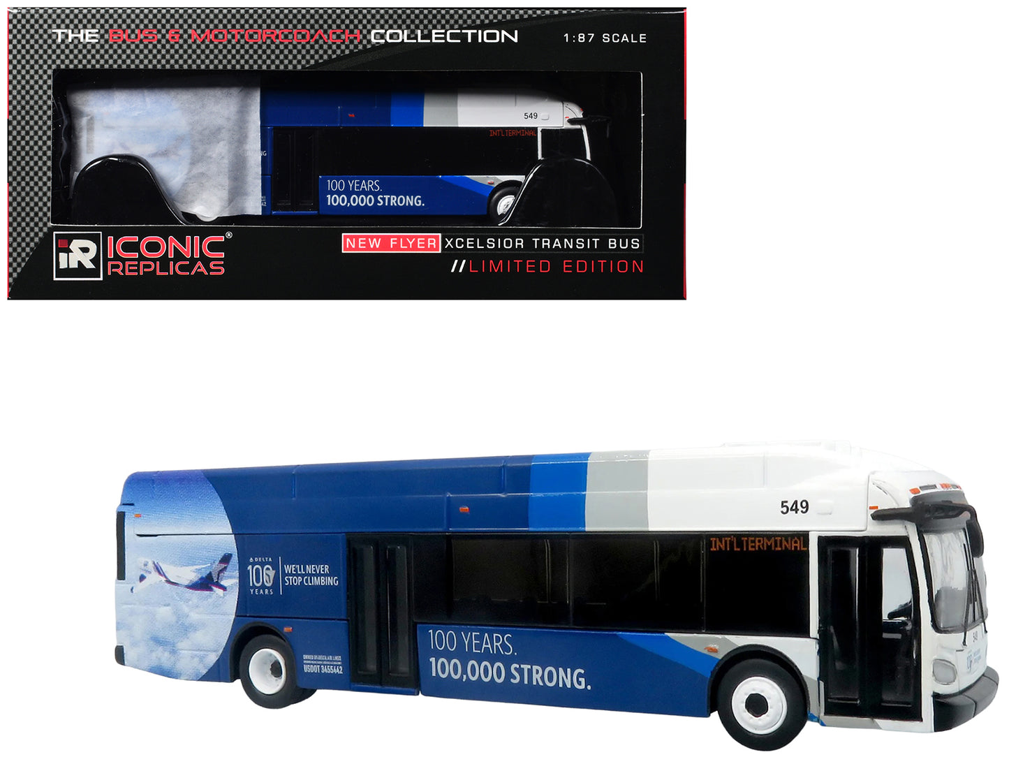 New Flyer Xcelsior XN40 Transit Bus "Delta Air Lines 100th Anniversary" Blue and White with Graphics "The Bus & Motorcoach Collection" Limited Edition 1/87 (HO) Scale T&y Diecast Model by Iconic Replicas