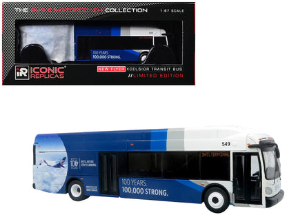 New Flyer Xcelsior XN40 Transit Bus "Delta Air Lines 100th Anniversary" Blue and White with Graphics "The Bus & Motorcoach Collection" Limited Edition 1/87 (HO) Scale T&y Diecast Model by Iconic Replicas