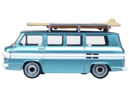 1961 Chevrolet Corvair Greenbrier Passenger Wagon Van Turquoise Metallic and Cameo White with Surfboards on Roof 1/87 (HO) Scale T&y Diecast Model Car by Oxford T&y Diecast