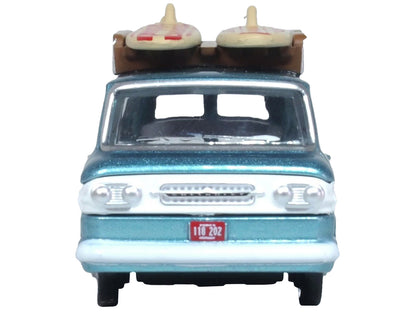 1961 Chevrolet Corvair Greenbrier Passenger Wagon Van Turquoise Metallic and Cameo White with Surfboards on Roof 1/87 (HO) Scale T&y Diecast Model Car by Oxford T&y Diecast