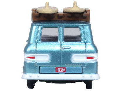 1961 Chevrolet Corvair Greenbrier Passenger Wagon Van Turquoise Metallic and Cameo White with Surfboards on Roof 1/87 (HO) Scale T&y Diecast Model Car by Oxford T&y Diecast