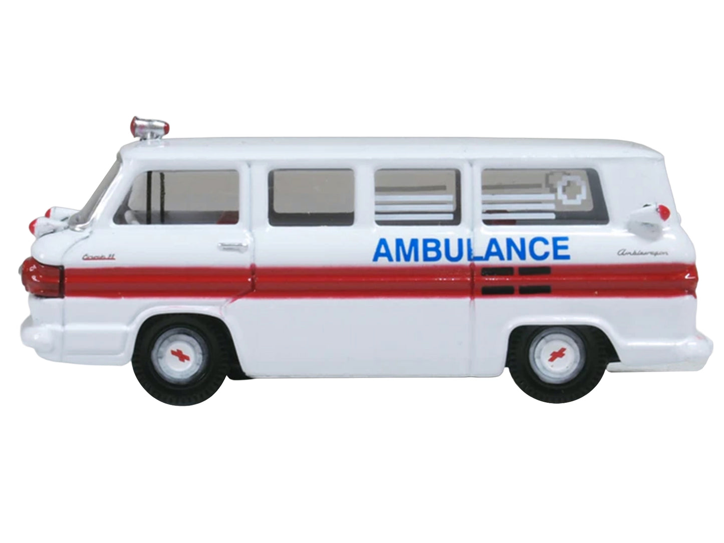 1962 Chevrolet Corvair Greenbrier AmbleWagon Ambulance White with Red Stripes 1/87 (HO) Scale Diecast Model Car by Oxford Diecast