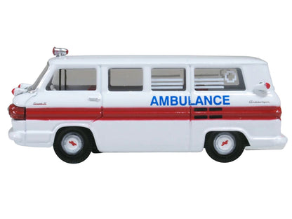 1962 Chevrolet Corvair Greenbrier AmbleWagon Ambulance White with Red Stripes 1/87 (HO) Scale Diecast Model Car by Oxford Diecast